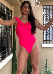 Pink Ruffled Off Shoulder One Piece