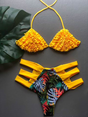 Blue Tropical Leaves High Waist Set