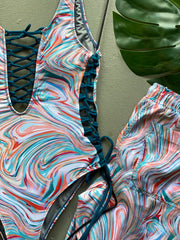 Pastel Swirls Lace Up One Piece