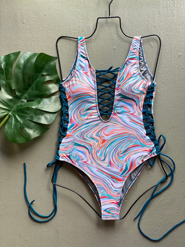 Pastel Swirls Lace Up One Piece