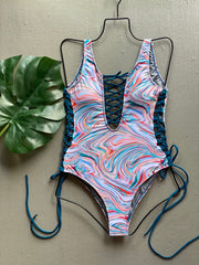 Pastel Swirls Lace Up One Piece