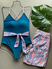Marine Blue & Swirls Belted One Piece