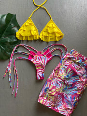 Bluish Tropical Leaves Ruffles Matching Set
