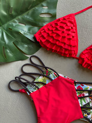 Red Ruffles High Waist Set