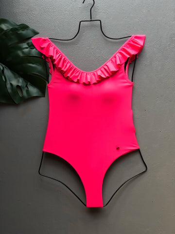 Pink Ruffled Off Shoulder One Piece