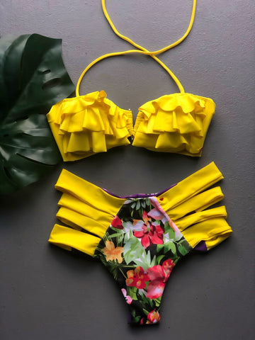 Yellow Ruffles Bandeau High Waist Set