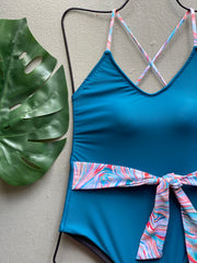Marine Blue & Swirls Belted One Piece
