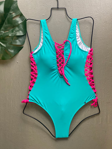 Aqua & Magenta Lace Up One Piece
