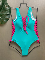 Aqua & Magenta Lace Up One Piece