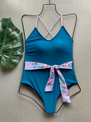 Marine Blue & Swirls Belted One Piece