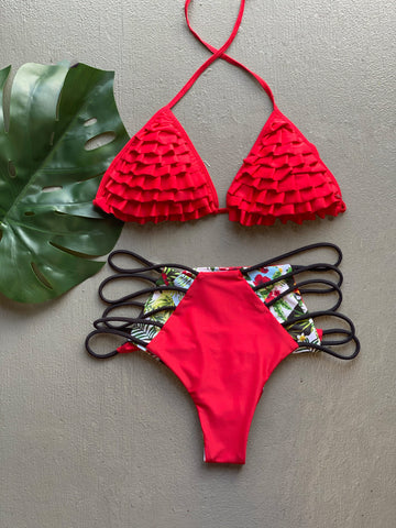 Red Ruffles High Waist Set